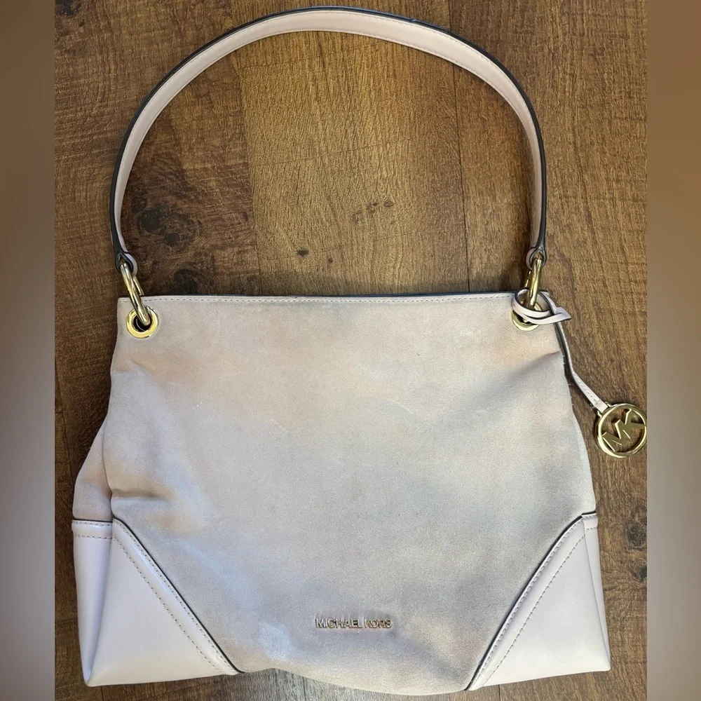 Michael Kors Nicole Medium Shoulder Bag Beige gold hardware leather suede